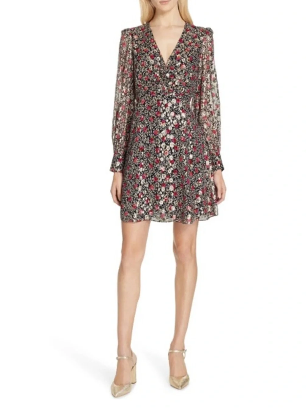 Kate Spade Floral Park Clip Dot Dress Size 6 Silk Long Sleeve Red Gold Black